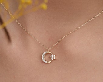 14K Solid Gold Moon Star Necklace