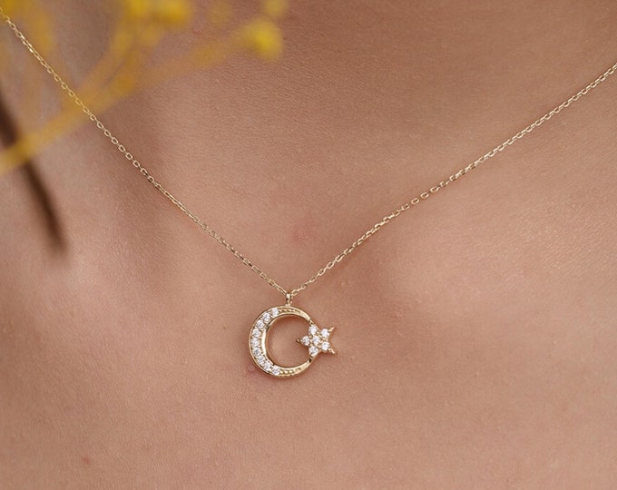 14K Solid Gold Moon and Star Necklace