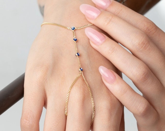 14K Gold Evil Eye Beaded Hand Chain Bracelet