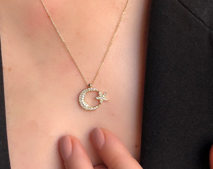 14K Solid Gold Moon Star Necklace/ Sailor Moon Star  Necklace/Dainty Crescent Moon Star Necklace/ Moon Star Jewelry For Women/ Gift For Her