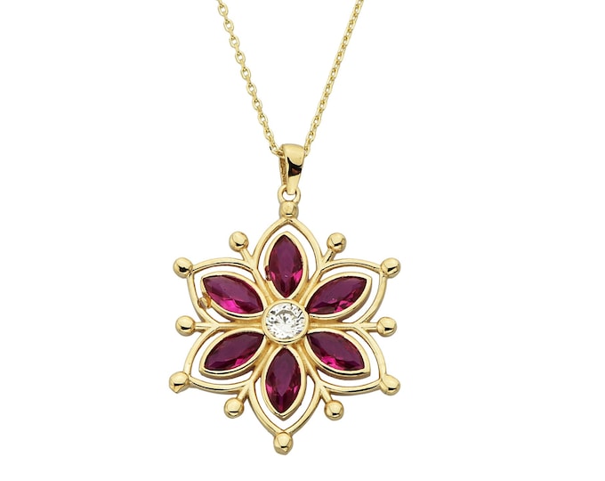14K Solid Gold Ruby Flower Necklace
