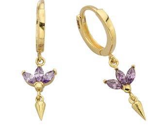 Huggie Hoop Amethyst Earrings - Vintage 14K Gold CZ Hoop Earrings- Birthstone Hoops- Wedding Earrings- Party Earrings- Birthday Gift