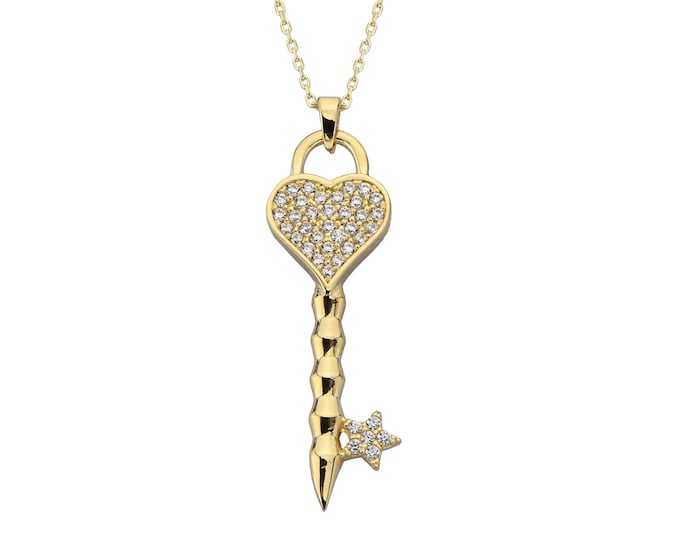 14K Gold Cz Heart Key Necklace