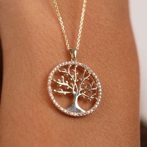 Collana con albero della vita in oro 14 carati: ciondolo con albero genealogico in zirconia cubica