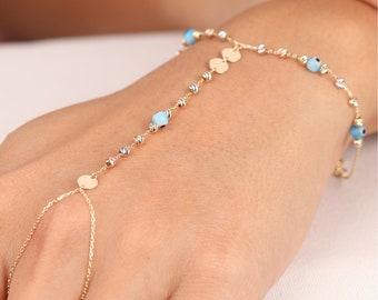 14K Solid Gold Evil Eye Hand Chain Bracelet