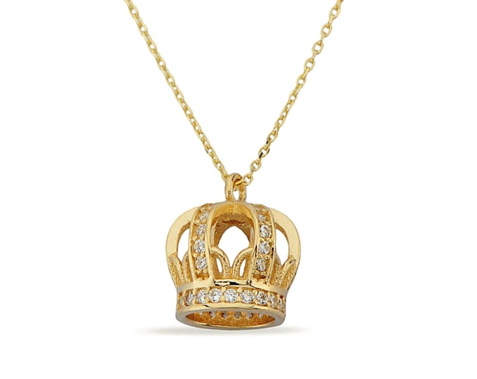 14K Gold 3D Crown Necklace