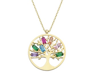 14K Solid Gold Colorful Family Tree Necklace