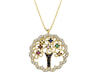 14K Real Gold Colorful Family Tree Necklace