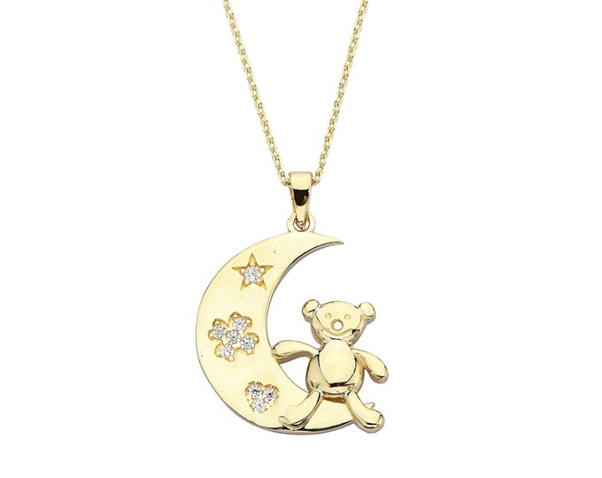 14K Gold Half Moon Teddy Bear Necklace