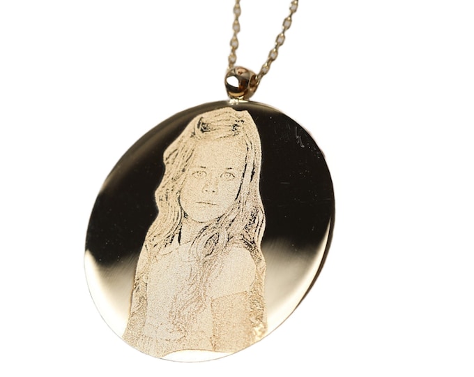 14K Solid Gold Engraving Photo Necklace