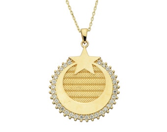 14K Gold Medallion Moon&Star Necklace