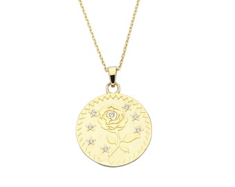 14K Gold Medallion Rose Flower Necklace