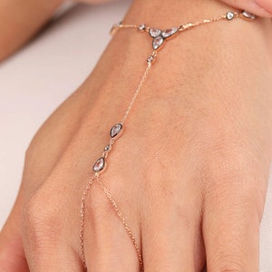 14K Gold  Cz Pear Hand Chain Bracelet- Dainty Gold Hand Link Chain Bracelet-Vintage Gold Finger Ring Bracelet-Summer Jewelry- Wedding Gift