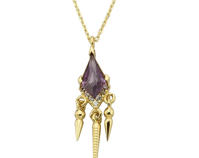 14K Gold Kite Amethyst Pendant Necklace with Dangle Spikes - Vintage-Inspired Jewelry- Wedding Gift- Anniversary Gift