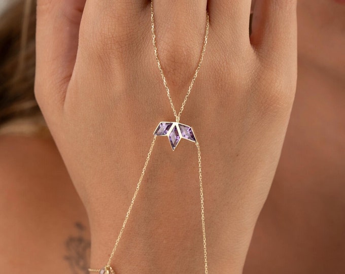 14K Gold Hand Chain Bracelet W/Amethyst