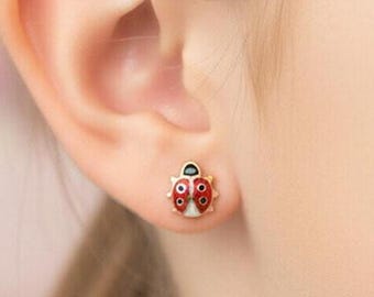 14K Yellow Gold Enamel Ladybug Stud Earrings for Kids | Red Enamel Bug Earrings For Birthday Gift
