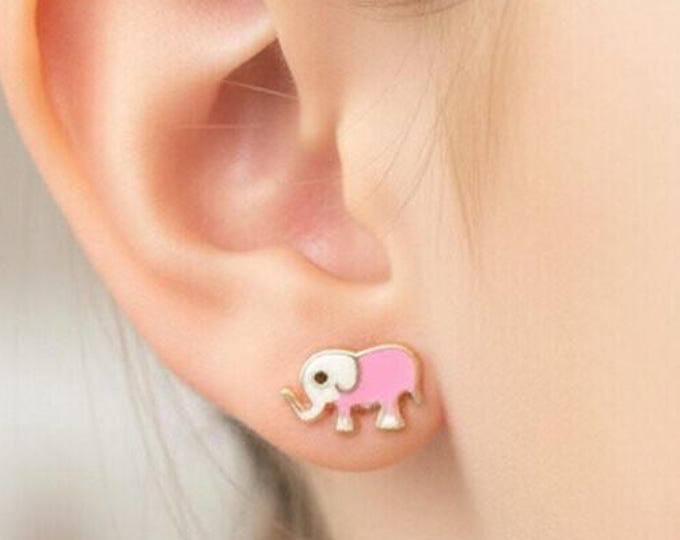 14K Yellow Gold Pink Enamel Elephant Stud Earrings for Kids | Cute Animal Earrings | Birthday Gift for Girl