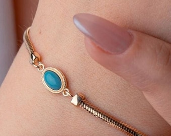 14K Gold Snake Chain Bracelet W/ Turquoise Cabochon