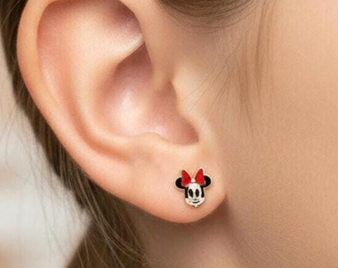 14K Gold Enamel Mickey Mouse Stud Earrings For Kids