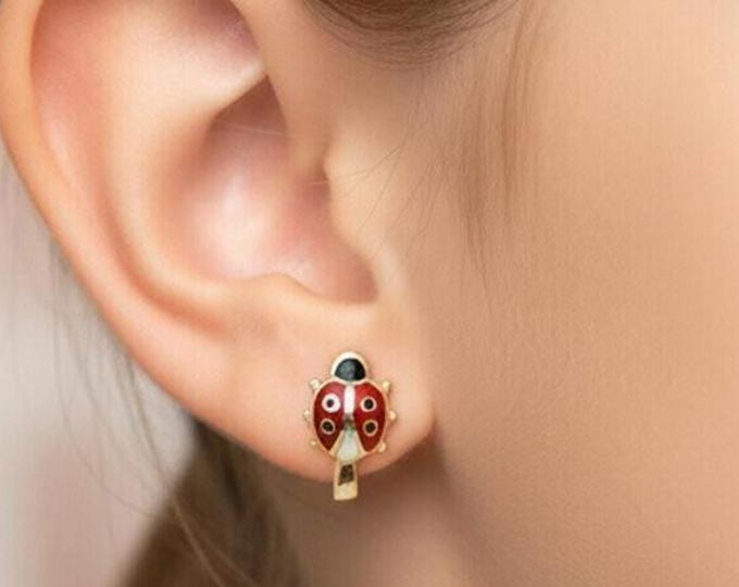 14K Gold Enamel Ladybug Hoop Earrings for Kids | Red Bug Huggie Hoops For Birthday Gift