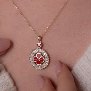 14K Gold Red Enamel Clover Necklace: CZ Baguette & Pink Ruby Heart