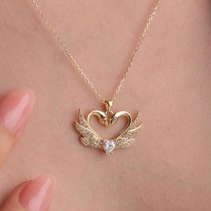 14K Gold Swan Heart Necklace: Dainty CZ Bridal Jewelry