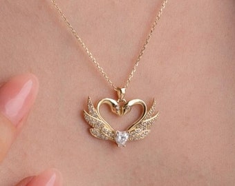 14K Gold Couple Swan Heart Necklace