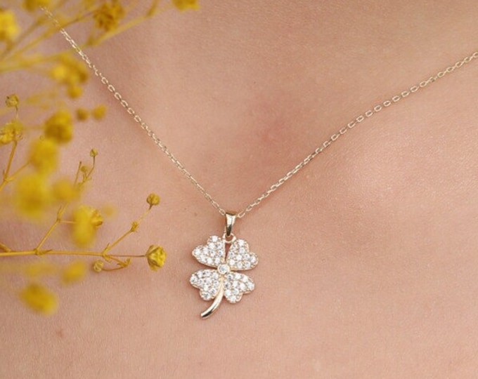 14K Cz Gold Shamrock Clover Necklace