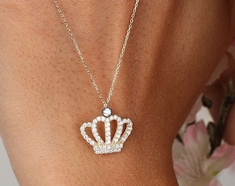 14K Gold Cz Crown Necklace