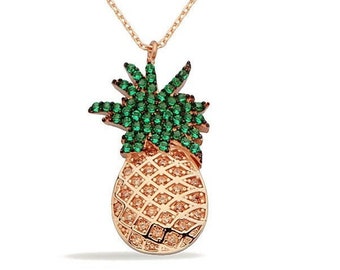 14K Gold Pineapple Necklace/ Green Cz Stone Pineapple Pendant/Tropical Pineapple Charm Pendant/ Beach Necklace/ Summer Jewelry/ Bridal Gift