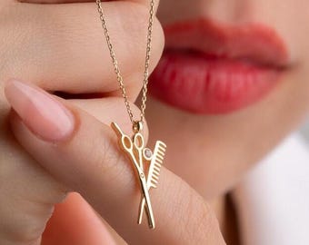 Gold Hairdresser Necklace • Scissors & Comb Pendant • Stylist Jewelry Gift • Barber Necklace • Salon Worker Gift-Valentine's Day Gift