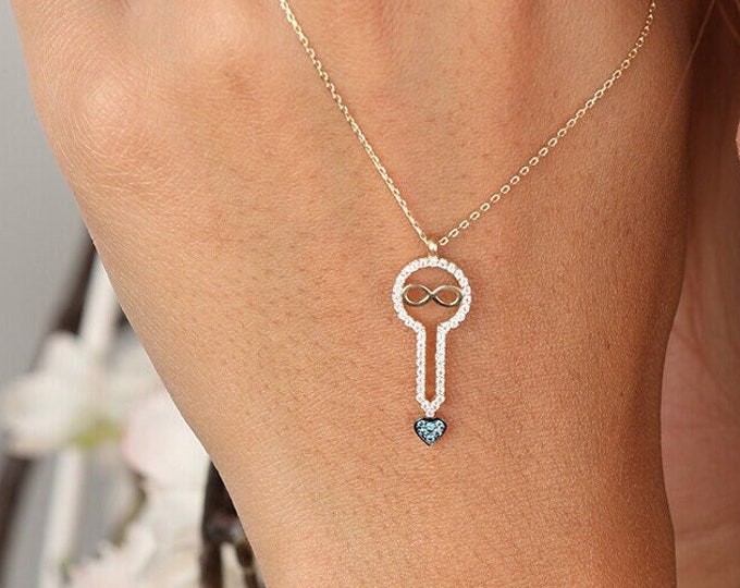 14K Gold Cz Key Heart Necklace