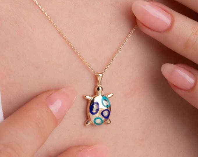 14K Gold Enamel Turtle Necklace
