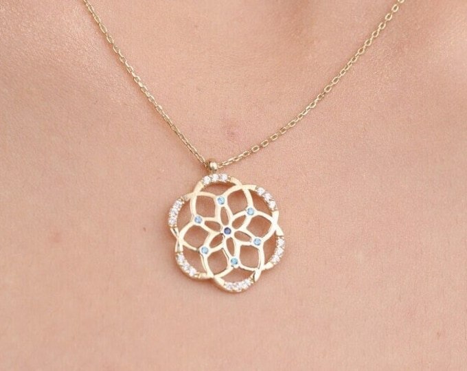 14K Solid Gold Flower Lotus Necklace