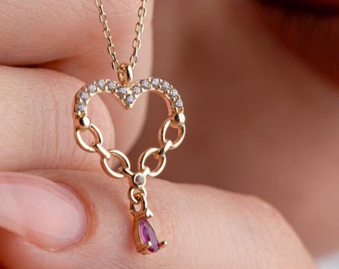 Heart Shaped Dangle Ruby Necklace