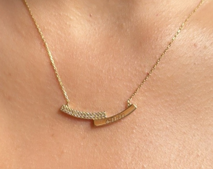 14K Gold Engravable Cz Bar Necklace