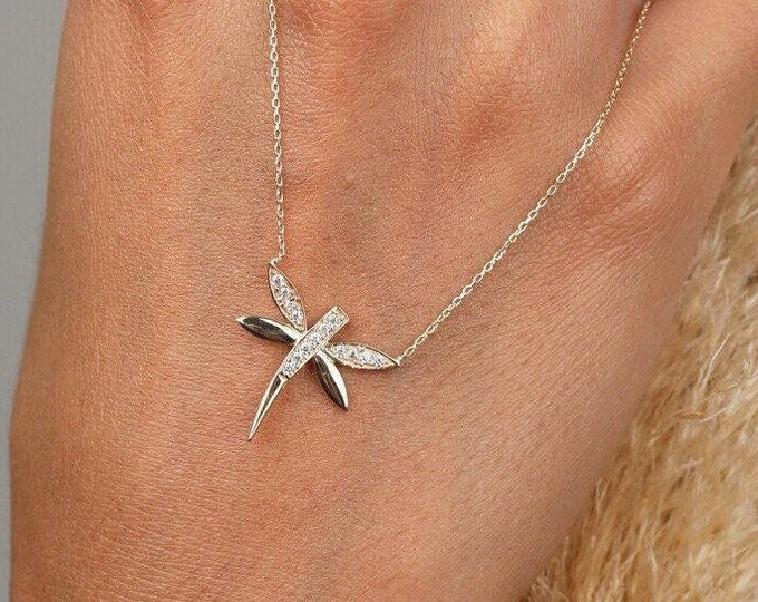 14K Gold Cz Dragonfly Necklace