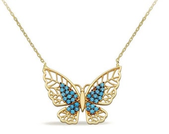 14K Gold Cz Butterfly Necklace