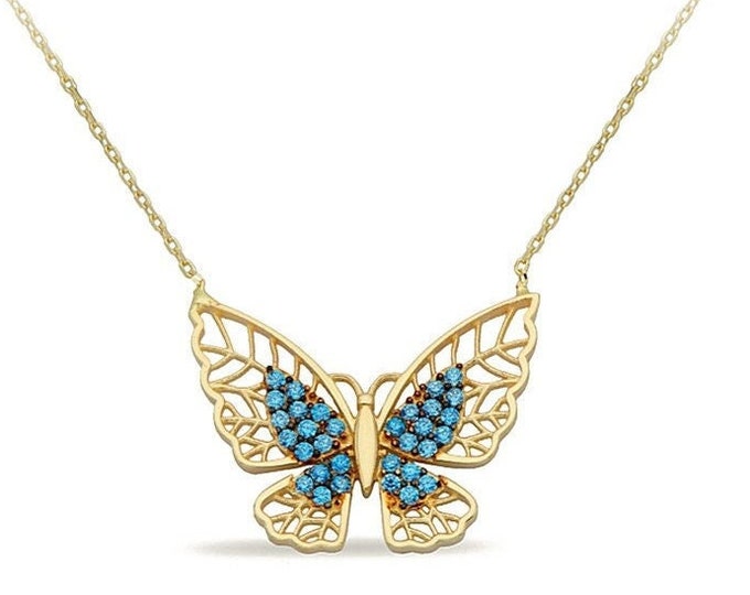 14K Gold Cz Butterfly Necklace