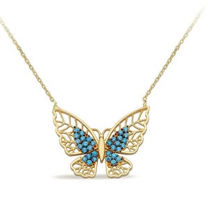 14K Gold Cz Butterfly Necklace- CZ Blue Stone Butterfly Pendant -Delicate Winged Butterfly Necklace-Butterfly Jewelry- Christmas Gift