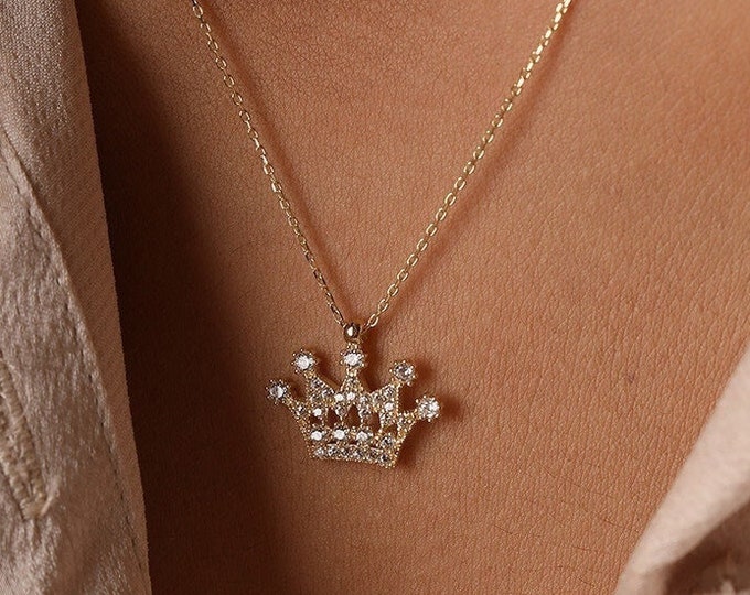 14K Solid Gold Crown Necklace