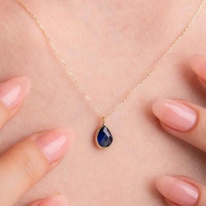 14K Gold Birnen Saphir Halskette: Dezember Geburtsstein Tropfen Anhänger
