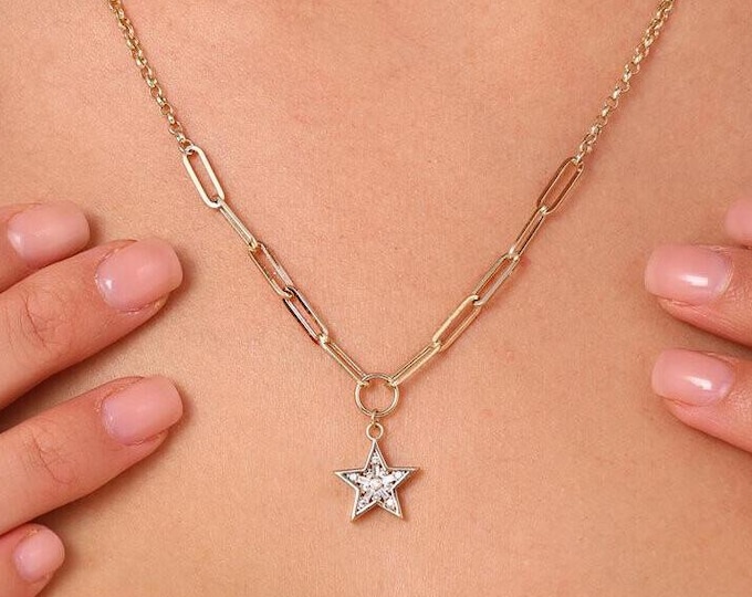 14K Gold Star Necklace W/ Paperclip & Rolo Chain