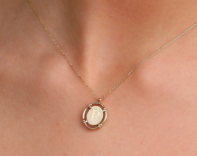 14K Gold Oval Enamel Initial Necklace