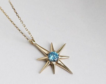 14K Gold Blue Topaz North Star Necklace
