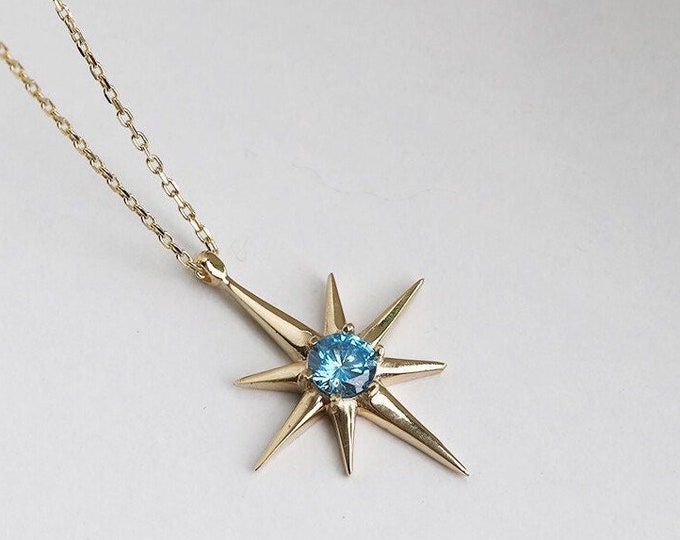 14K Gold Blue Topaz North Star Necklace