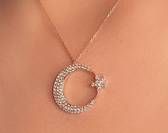 14K Solid Gold Moon Star Necklace