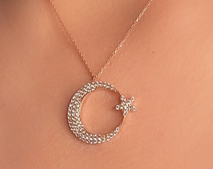14K Solid Gold Moon Star Necklace