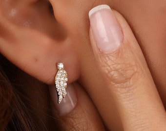 14K Solid CZ Wing Stud Earrings
