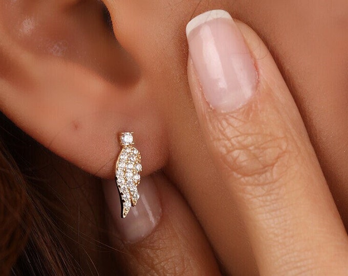 14K Solid CZ Wing Stud Earrings